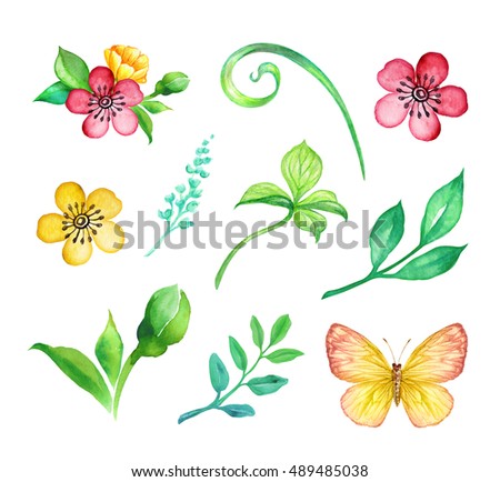 watercolor cute floral illustration set, bouquet, flowers, green leaves, foliage, grass, nature design elements set isolated on white background, festive clip art