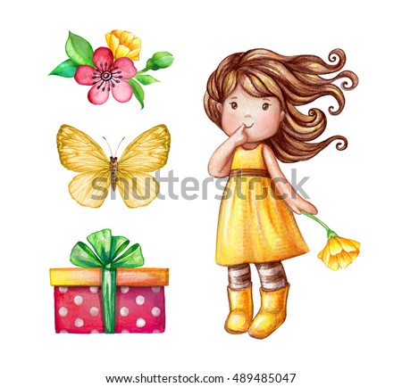 watercolor cute girl illustration, baby doll, little princess, flowers, wrapped gift box, birthday party design elements set isolated on white background, festive clip art