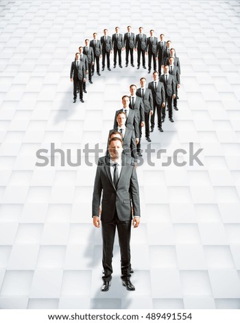 Question mark made of businessmen on patterned background