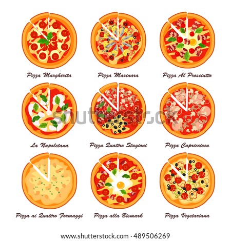 Set of italian pizza. Creative vector illustration. Designed to logo, label, emblem design for restaurant, snack bar or pizzeria menu.