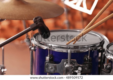 Set of drums in a recording studio