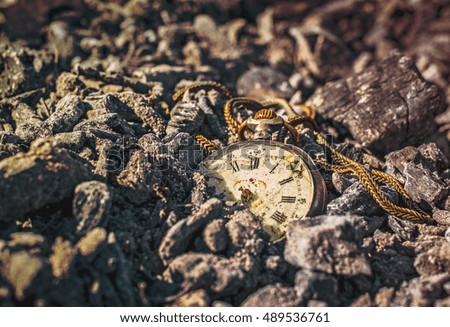 Still life with antique rotten pocket watch on ashes in the forest at the sunset.