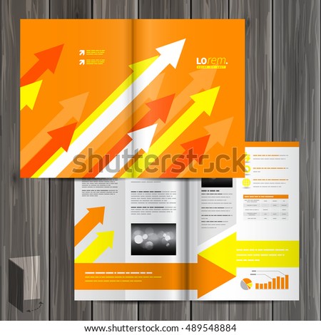 Orange brochure template design with red, yellow and white arrows. Cover layout