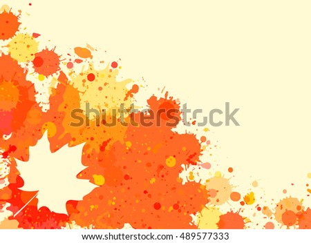 Bright orange watercolor paint splatter frame with autumn maple leaf, horizontal format.