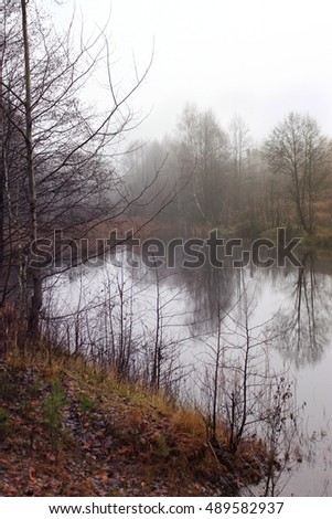 Autumn landscape. Forest and river in the morning mist.