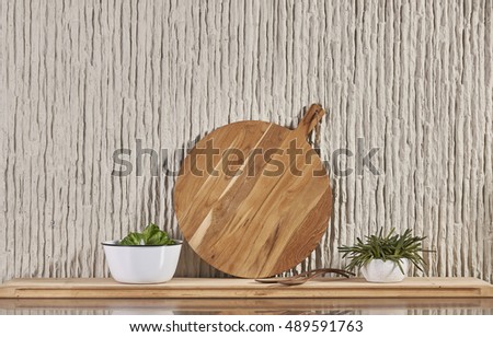 modern kitchen table chopping board with stone wall decor