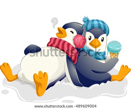 Mascot Illustration of a Cute Pair of Penguins Happily Eating Ice Cream