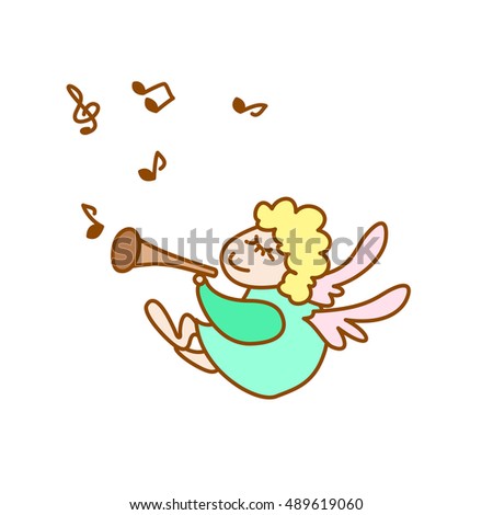 illustration of the little flying angel with flute and note on a white background