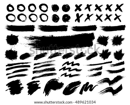 set of spots, lines, crosses, circles, banners and hand-painted lines. Isolated. Vector