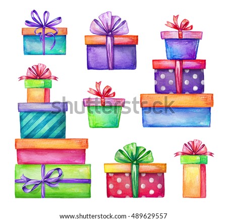 watercolor holiday presents illustration, wrapped gift boxes, birthday party design elements set isolated on white background, festive clip art