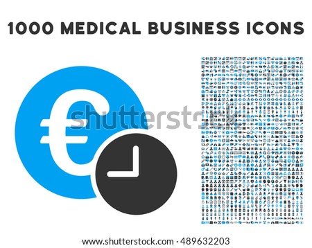 Euro Credit icon with 1000 medical business bicolor blue and gray vector pictographs. Design style is flat symbols, white background.