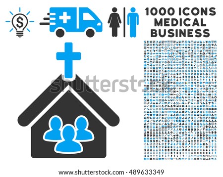 Church icon with 1000 medical business bicolor blue and gray vector pictograms. Collection style is flat symbols, white background.