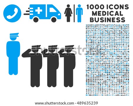 Army icon with 1000 medical business bicolor blue and gray vector pictograms. Design style is flat symbols, white background.