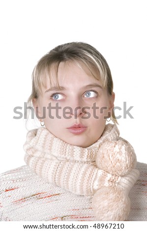 beautiful woman with a pink scarf on white background