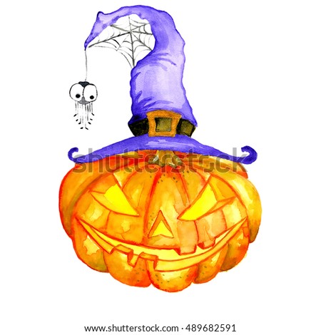 Watercolor Halloween. Hand drawn holiday illustrations isolated on white background: pumpkin in a witch hat with spider web. Artistic autumn decor clip art. Jack O Lantern