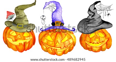 Watercolor Halloween. Hand drawn holiday illustrations isolated on white background: natural and decorative pumpkins with mushroom. Artistic autumn decor clip art. Jack O Lantern