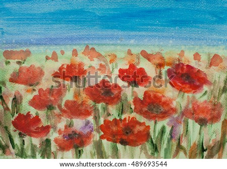Acrylic color painting of poppy field, landscape painting, red flower, blue sky, hand painted, impressionist style