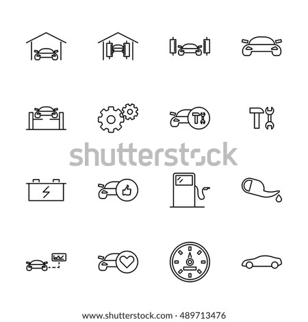 Vector black line car service icons set on white background