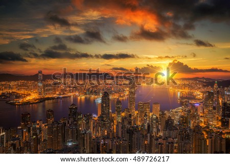 Sunrise over Victoria Harbor as viewed atop Victoria Peak, Hong kong, China