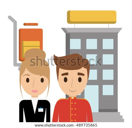 Building bellboy and receptionist icon. Hotel service theme. Colorful design. Vector illustration