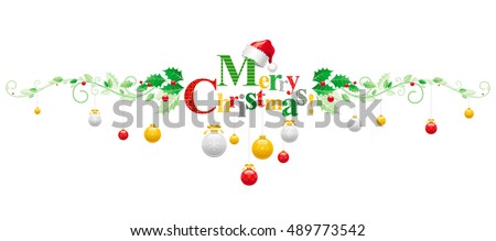 Merry Christmas holiday vector horizontal banner on white background with Santa Clause hat, tree decoration ball, snowflake. Elegant text letters. Winter abstract poster design illustration template.