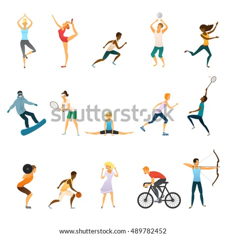Sport people flat colored icons set of young men and women doing yoga and gymnastics playing tennis football volleyball isolated vector illustration