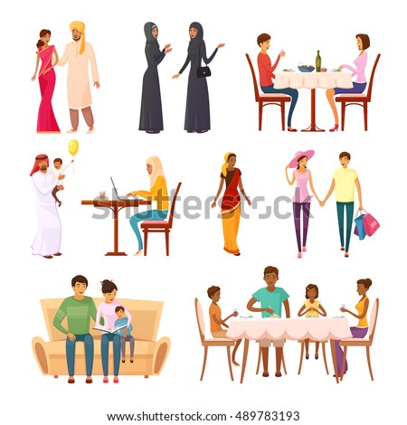 Eastern people decorative icons set of woman and man with children in modern and traditional clothes isolated vector cartoon illustration 