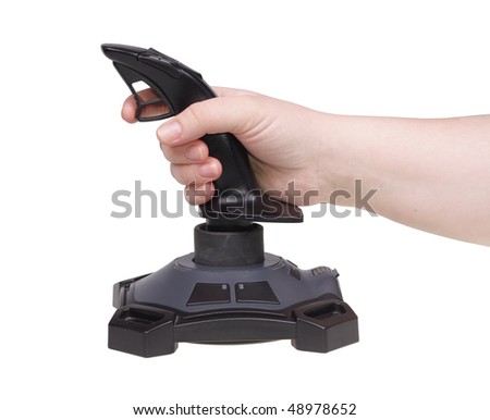 Hand operating joystick. Isolated on a white background