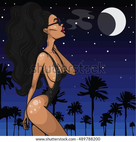 Beautiful girl with palms and moon