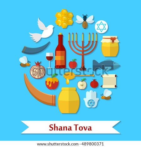 Rosh Hashanah, Shana Tova flat vector icons set.
