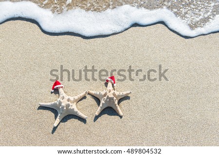 Sea-stars couple in red santa hats sunbathing at ocean sandy beach. Holiday concept for New Year's Day and Christmas greetings.