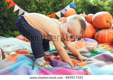 Little cute boy playing on the plaid near the orange pumpkins.  Baby boy among the pumpkins on Halloween day.