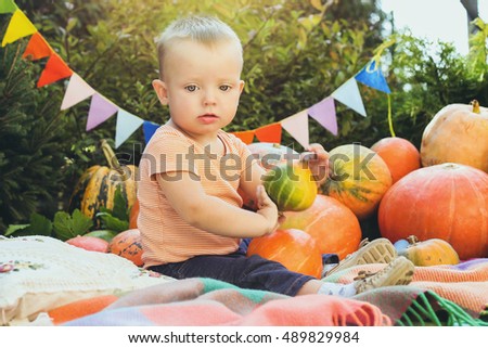 Little cute boy playing on the plaid near the orange pumpkins.  Smiling baby boy among the pumpkins on Halloween day.