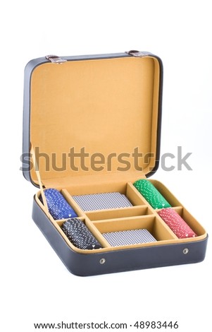 Poker game case, with chips and cards, isolated on white.