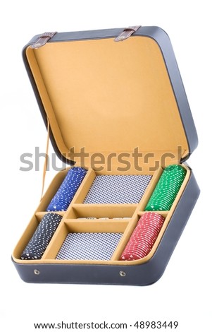 Poker game case with chips and cards, isolated on white.