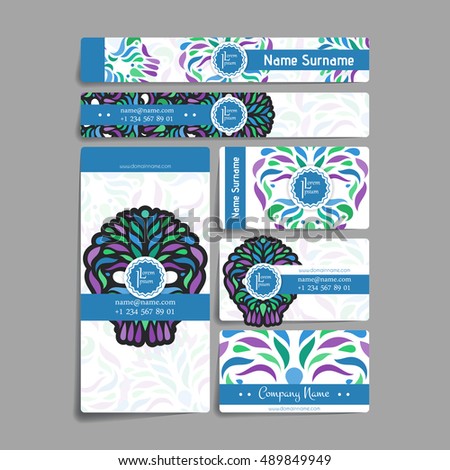 Set of vector design templates. Brochures in random colorful style. Vintage frames and backgrounds. Business card with circle ornament.