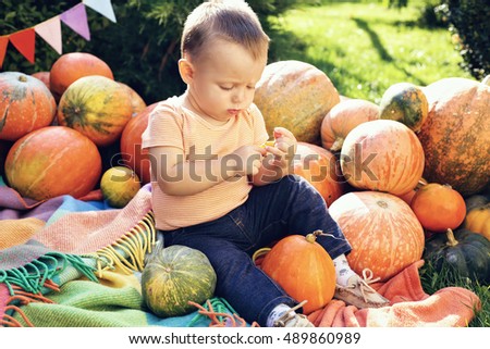 Little sad boy playing on the plaid near the orange pumpkins. Smiling baby boy among the pumpkins on Halloween day.