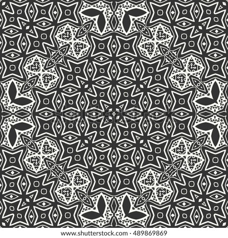 Black and white seamless lace pattern. Abstract geometric floral seamless background. Tribal ethnic ornate decoration, outline repeating texture. Vector doodle sketch pattern, graphic illustration