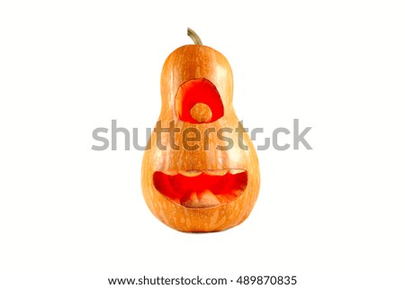 cheerful Halloween pumpkin minion isolated on white background with a glow inside