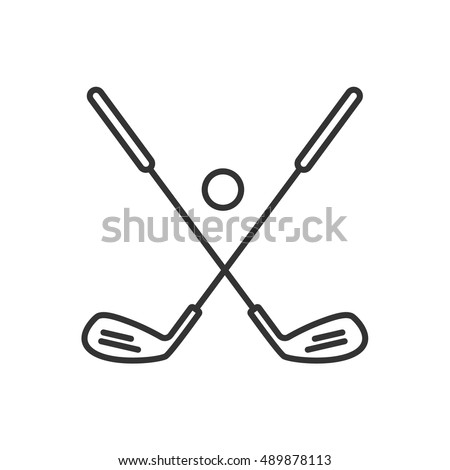 Golf ball and clubs linear icon. Thin line illustration. Golf equipment contour symbol. Vector isolated outline drawing