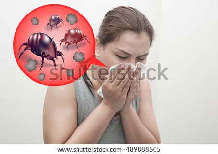 Woman sneeze rashes, allergy to dust mites. Dust mites illustrated concept. Royalty-Free Stock Photo #489888505