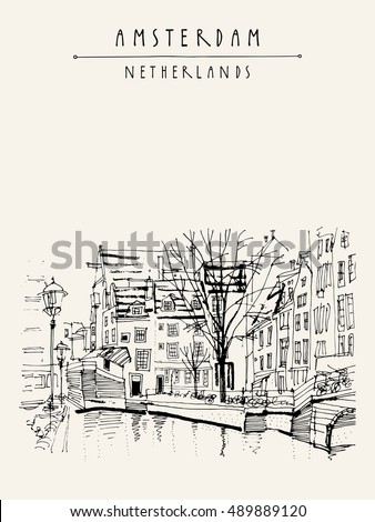 Amsterdam, Holland, Netherlands Europe. View of old center with bicycles. Dutch traditional historical buildings. Hand drawing. Travel sketch. Book illustration, postcard or poster template in vector