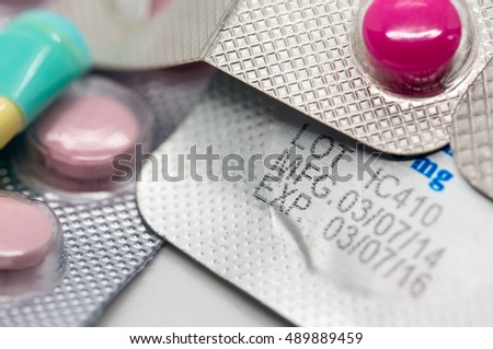Packaging of Expired pills and tablets on white background, Medicines. Royalty-Free Stock Photo #489889459