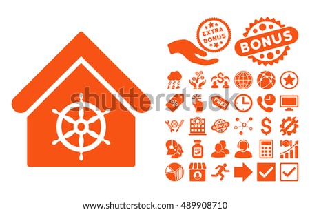 Steering Wheel House pictograph with bonus clip art. Vector illustration style is flat iconic symbols, orange color, white background.