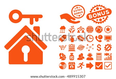 Home Key icon with bonus clip art. Vector illustration style is flat iconic symbols, orange color, white background.