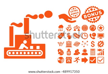 Fabric Building icon with bonus pictogram. Vector illustration style is flat iconic symbols, orange color, white background.
