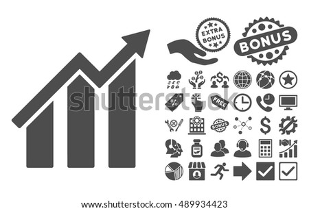 Growth Chart icon with bonus symbols. Vector illustration style is flat iconic symbols, gray color, white background.