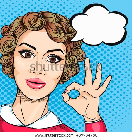 Woman showing OK hand sign in pop art retro comic style. Retro woman with speech bubble and Okay gesture, all right.