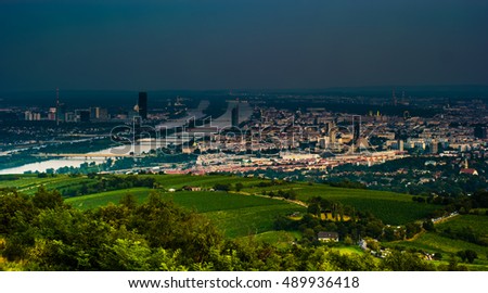 Beautiful view of skyline of Vienna and Danube River with green trees of Doebling district, Austria. Travel photo of the landmark.