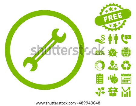 Wrench icon with free bonus clip art. Vector illustration style is flat iconic symbols, eco green color, white background.